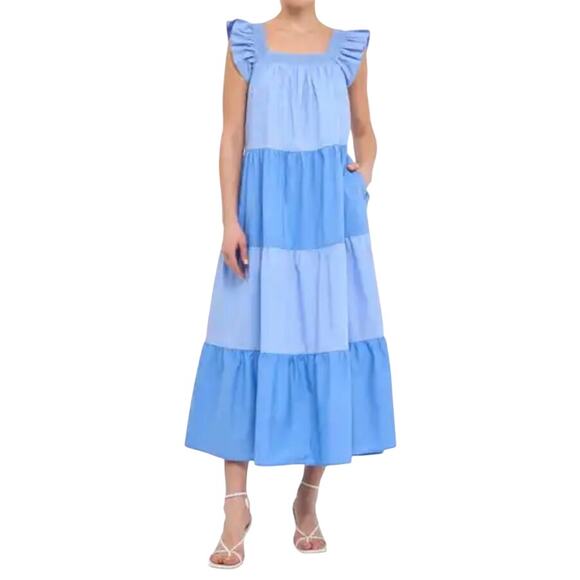 English Factory Ruffle Midi Dress Colorblock Tiered  SZ L NWOT Cottagecore - Picture 1 of 8